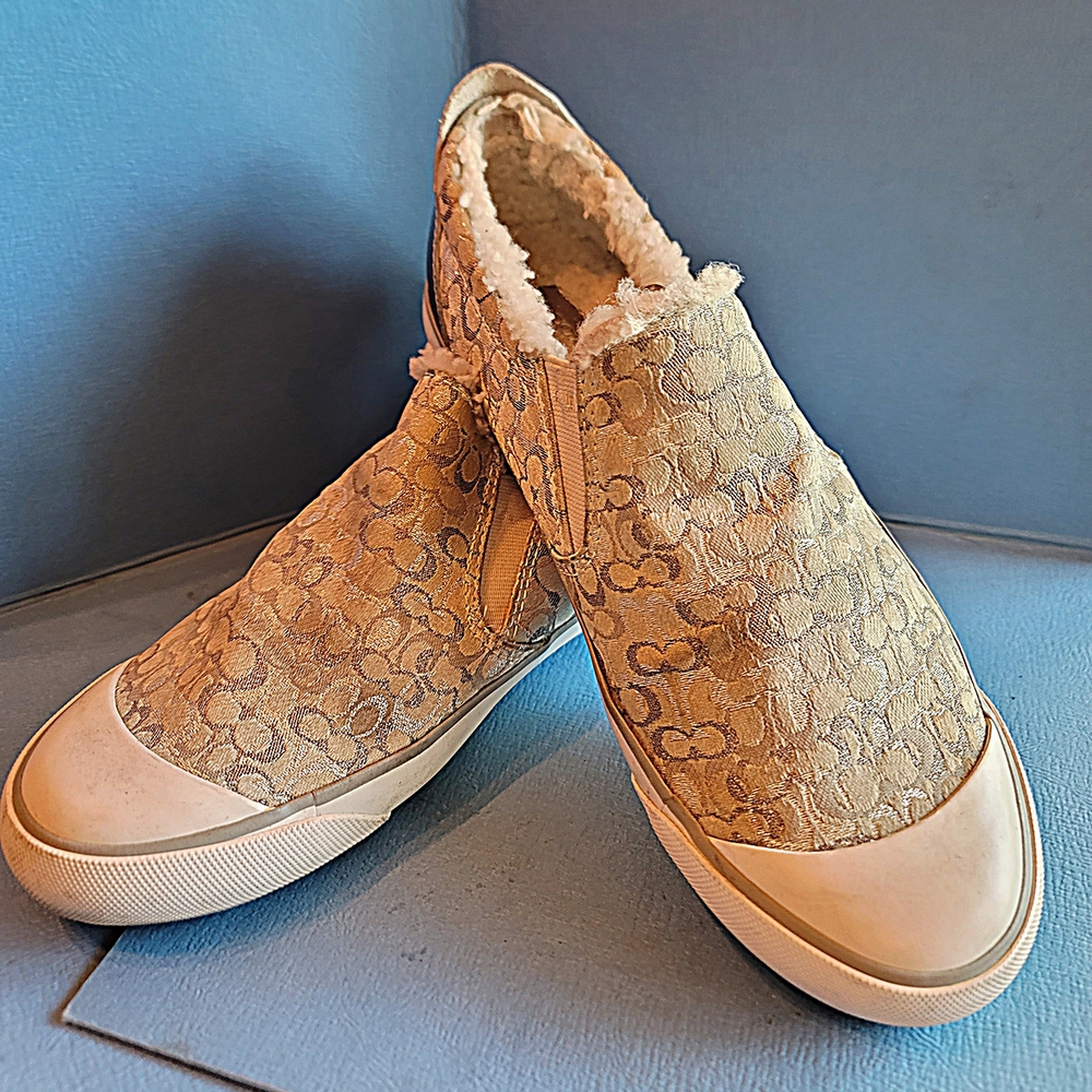 Coach SILVER and Cream Slip-On Sneakers With Sherpa Inner